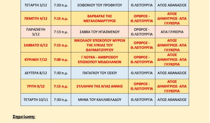 Πρόγραμμα ακολουθιών Α' δεκαημέρου Δεκεμβρίου 2025 ενορίας Αγ. Δημητρίου Πετρ.